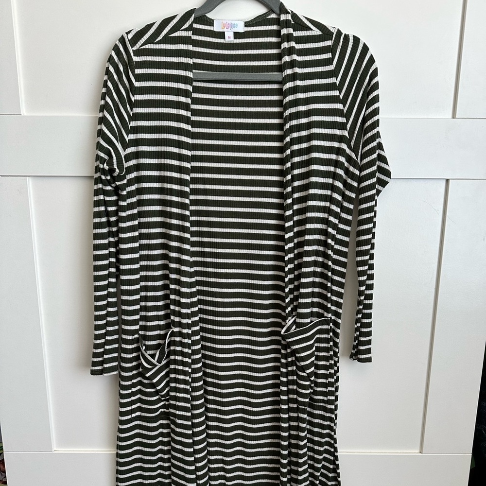 Long olive and white striped sweater
